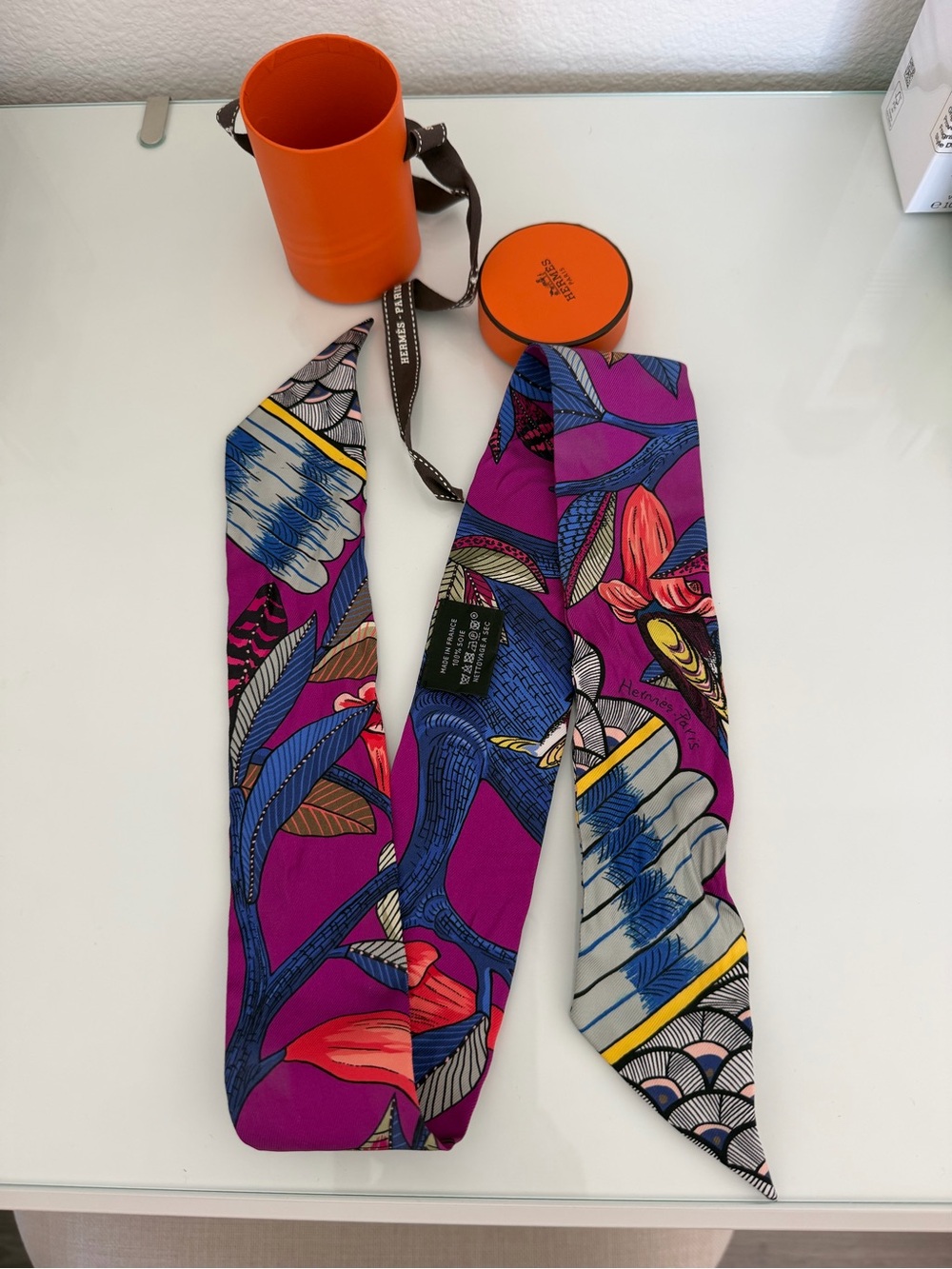 Hermès Tree of Song Silk Twilly Scarf in Purple Floral Print